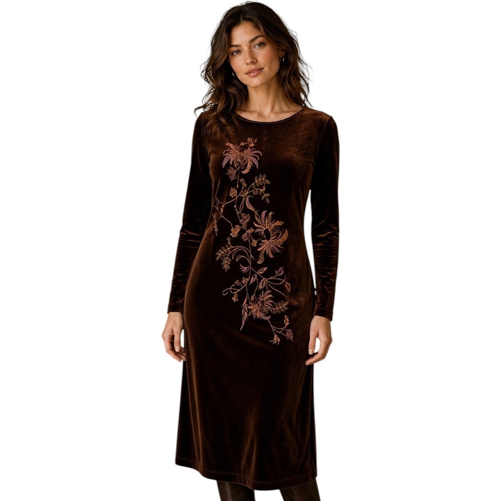 Vintage 90s Carole Little 2P Brown Velvet Dress Embroidered Floral Whimsigoth